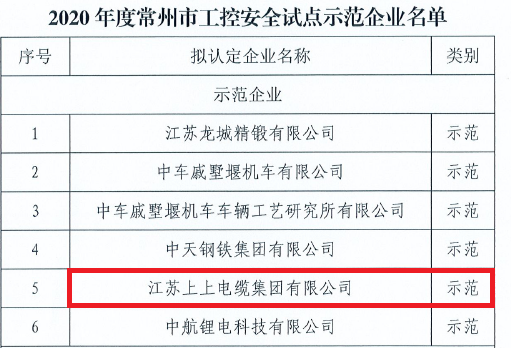 新利体育luck18电缆获评常州市首批“工控清静树模企业”称呼