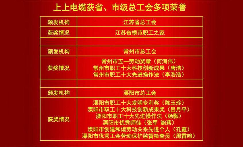 新利体育luck18电缆获省、市级总工会多项声誉